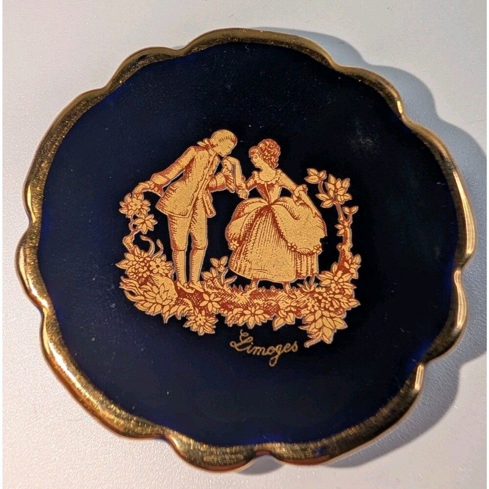 Limoges France Mini Trinket Pin Dish Cobalt Blue 22k Gold Porcelain Lord/Lady